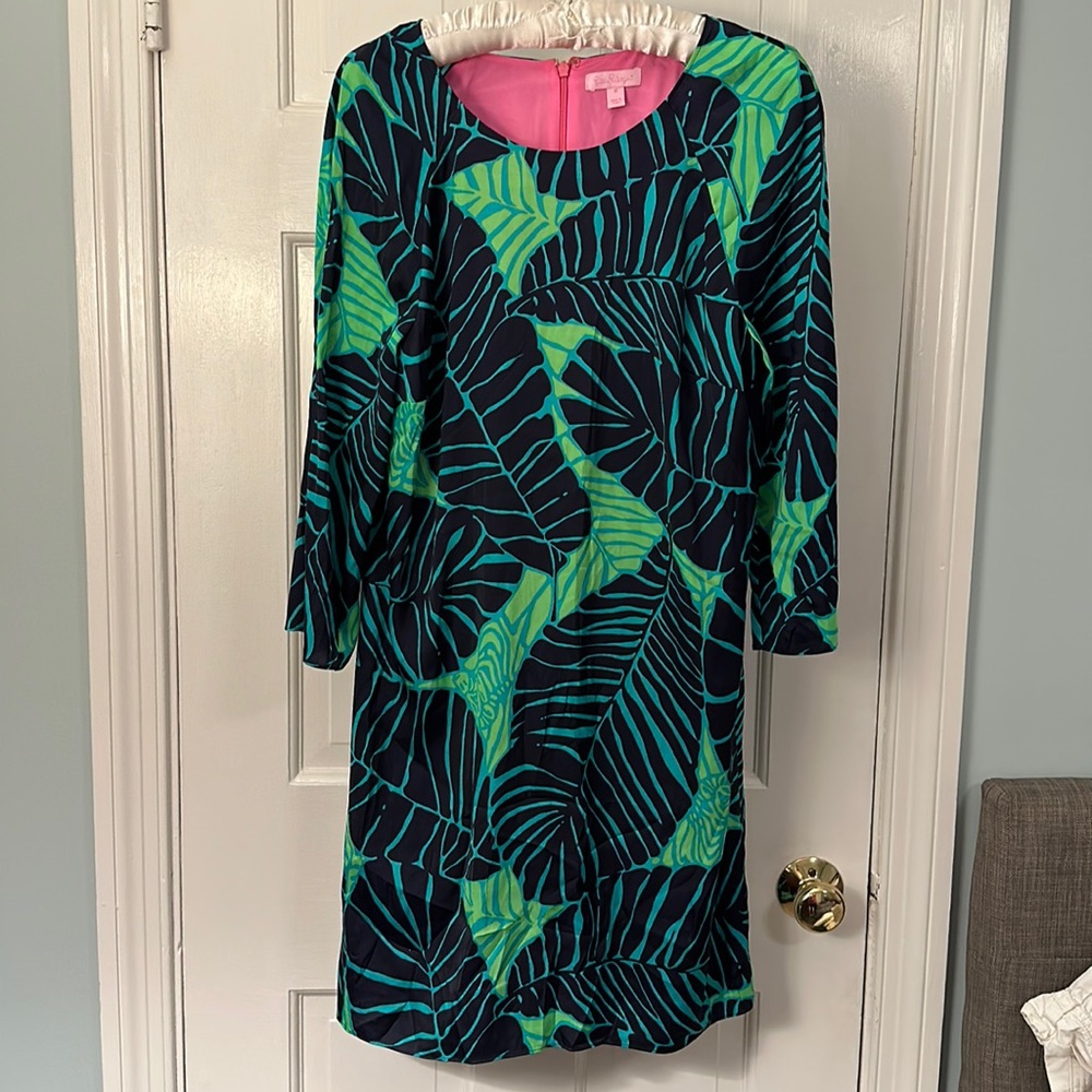 Lilly Pulitzer- Silky navy and green floral dress. Size 12